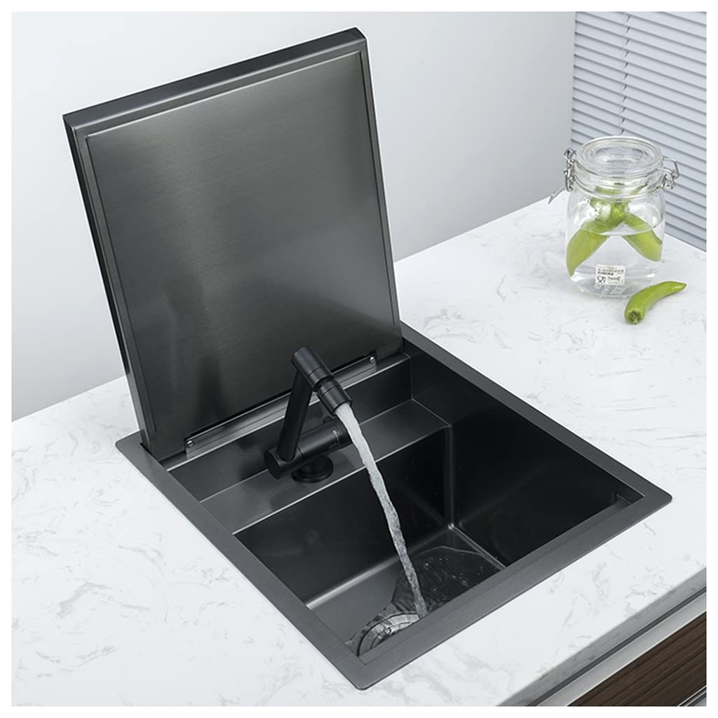 SUS 304 Stainless Steel Kitchen Sink Hidden Bar Sink Rv Sink With Folding Faucet & Drainage Components Drop In Or Undermount (Color : Black, Size : 36x42x23cm)
