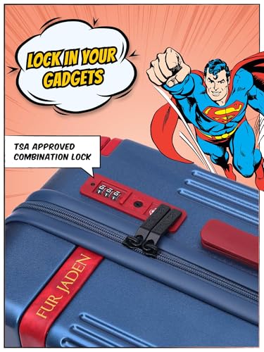 Image of FUR JADEN The Aviator 55cm German Polycarbonate Travel Luggage Cabin Suitcase with 8 StealthTech Silent Shock Absorbing Wheels, TSA Lock & Aerospace Grade Wide Trolley (Superman, Cabin 20 inch)