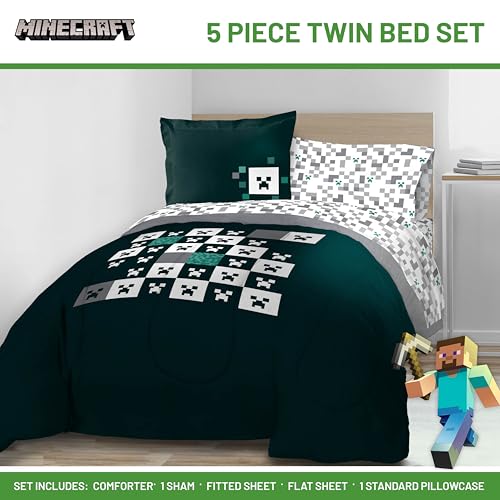 Image of Minecraft Creeper Twin Comforter Set 5 Piece Video Game Bedding, Green | Zombie Enderman, Bed in a Bag, Comforter Sheets Sham Pillowcase, Official Product, Microfiber, Machine Washable, Kids Gift