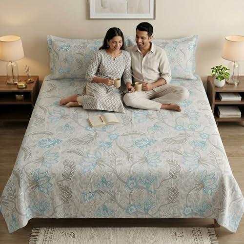 Image of Mafatlal 186 TC Metro Cotton Double Bedsheet | 90 x 100 Inch | Lightweight Comfortable Fabric with 2 Pillow Covers | Modern Bed Linen | Storm Blue