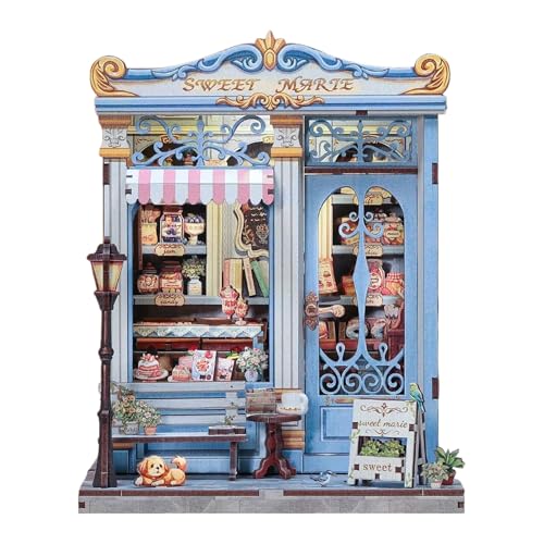 ミニチュアハウス ドールハウス 木製 DIY 立体パズル 可愛い デザートショップ 手作りキット 組み立て ドールハウスキット LEDライト付き ミニチュア 人形の家 3Dブックスタンド 玄関 インテリア装飾 雰囲気作り 14歳以上子供 初心者 大人向け インテリア小物 暇つぶし 誕生日 クリスマス プレゼントに最適 (B)