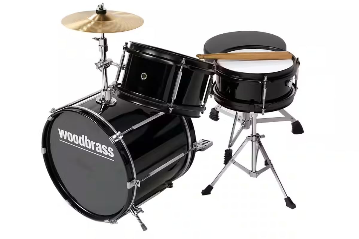 Woodbrass DSJ90B - Batteria per bambini completa 3+ anni, mini kit batteria acustica Junior con sedile, pedale, piatto 8", Tom e cassa chiara, batteria per bambini principianti, colore: nero