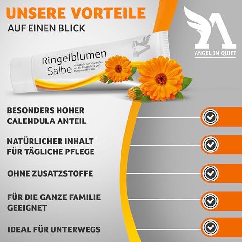 Angel in Quiet Ringelblumensalbe mit hohem Gehalt an Calendula Extrakt – Pflege bei trockener & gereizter Haut – mit Hamamelis – Salbe für empfindliche Haut & Babyhaut – Naturkosmetik ohne Parabene