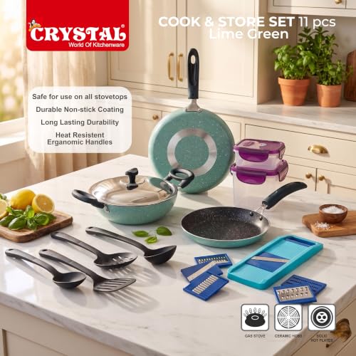 Image of Crystal 11 Pcs Non Stick Cookware Set with Storage Containers | Gas Stove Friendly | Tawa, Fry Pan, Kadhai with Lid, 4 Serving Spoons, 2 Containers & Grater Set | PFOA Free Coating
