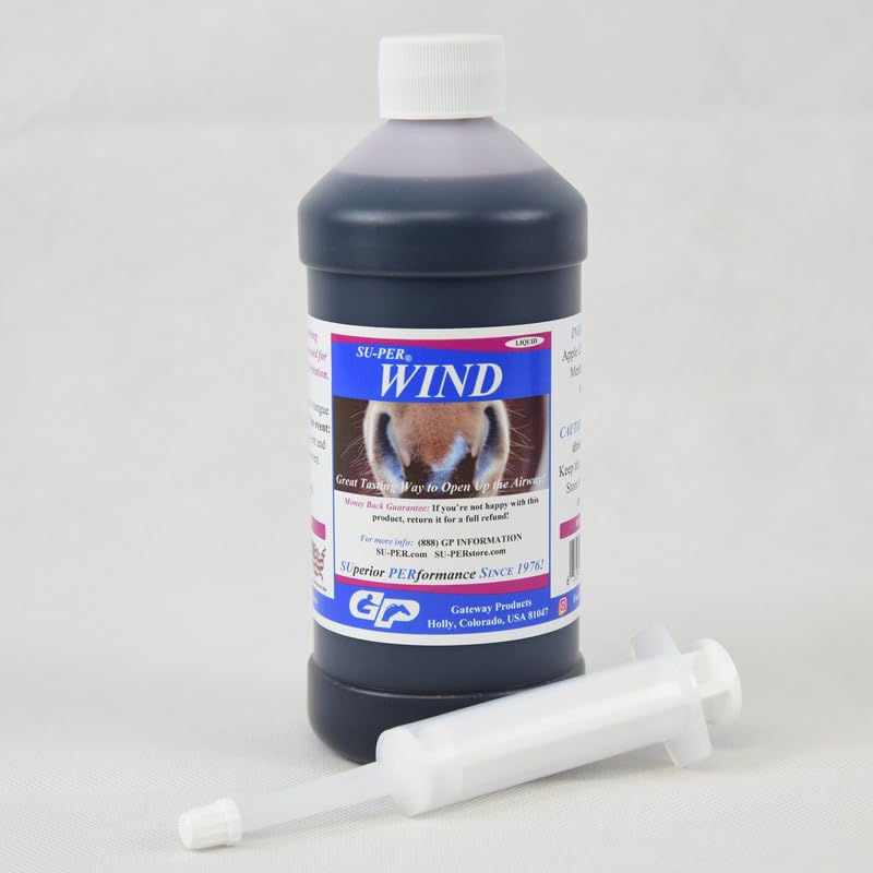 SU-PER Wind Breathing Aid for Horses - Opens Up The Airway in Race Horses - Helps Minor Congestion, Coughs, and Throat Irritation - Equine Respiratory Care Liquid - 1 Pint + Syringe