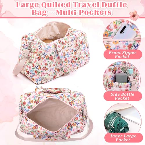 Large Quilted Travel Duffle Bag for Women Floral Portable Gym Lightweight Weekender Bag with Zipper Pockets Workout Grocery Pouch Duffle Pouch for Travel Work(Pink Floral)3