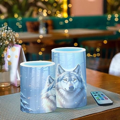 Image of Flickering Flameless Candles, Wolf Winter Forest LED Candles with Remote Timer, Set of 2 Battery Operated Candle for Valentine Wedding Birthday