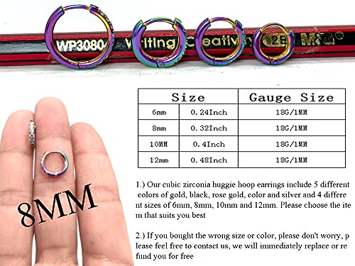 Image of Hypoallergenic Unisex Surgical Steel Small Cubic Zirconia Huggie Hoop Earring, Color Gold - Silver - Rose Gold - Black - Rainbow, Size 6mm- 12mm Safe for Sensitive Ear