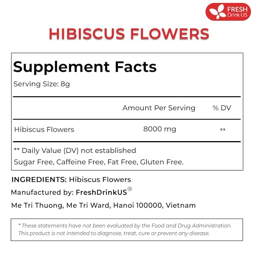 Image of FreshDrinkUS, 6oz Hibiscus Dried Flowers, 100% Natural, Pure from Hibiscus Flowers. Loose Flower Hibiscus Herbal Tea. Hibiscus Flower Tea. No Sugar, No Caffeine, No Gluten, Vegan.