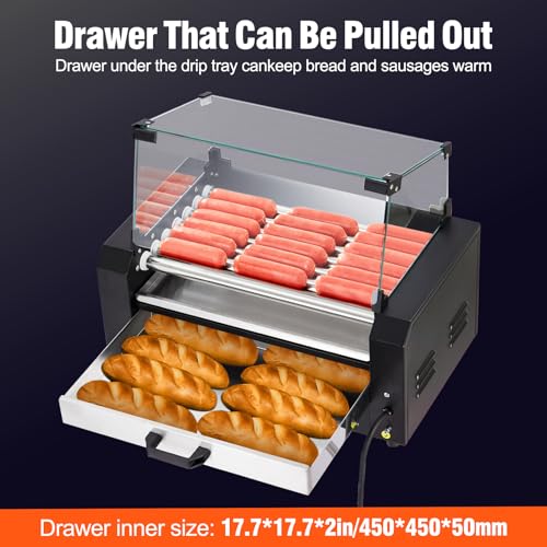 Hot Dog Roller, 7 Rollers 18 Hot Dogs Capacity 1350W Stainless Sausage Grill Cooker Machine with Removable Oil Drip Tray Dual Temp Control and Glass Hood Cover, Perfect for Commercial and Party