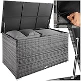 tectake® Aluminium Polyrattan Aufbewahrungsbox mit Deckel, 750L, Gartenkiste wetterfest, Gartenbox mit Gasdruckfedern, Garten Auflagenbox, UV-beständig, rostfrei, Stauraum, 145x82,5x79,5 cm - grau