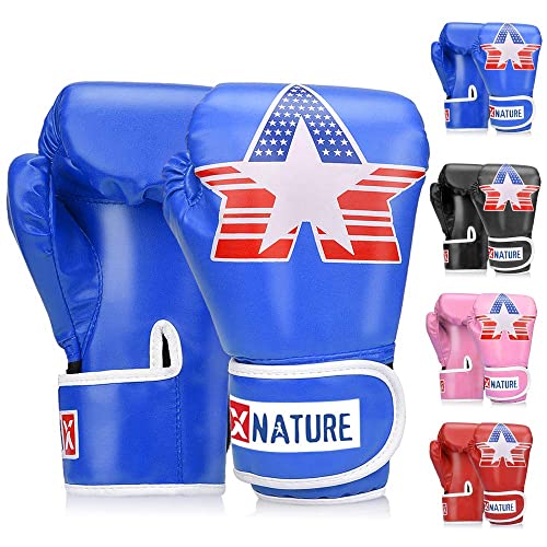 Xnature 4Oz 6Oz 8Oz Pu Kids Boxing Gloves W/Gift Box Children Cartoon Mma Kickboxing Sparring Youth Boxing Gloves Training Gloves Age 5-12 Years Blue #TOP26