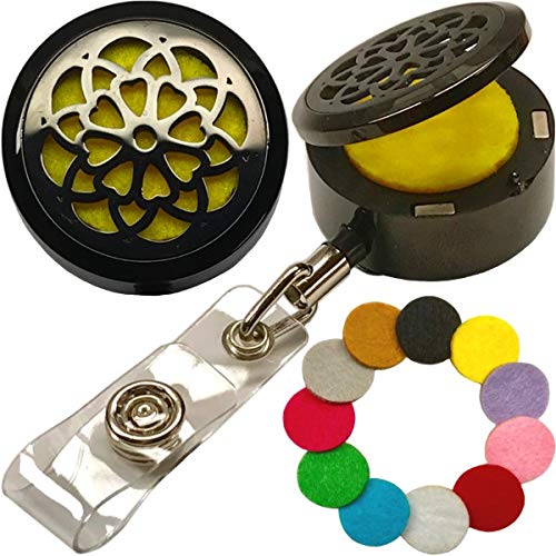 Custom One-Piece Aromatherapy Essential Oils Stainless Steel Diffuser with Elegant Locket-Style Lid Retractable Heavy Duty Belt Clip ID Badge Holder (BK Mandala)