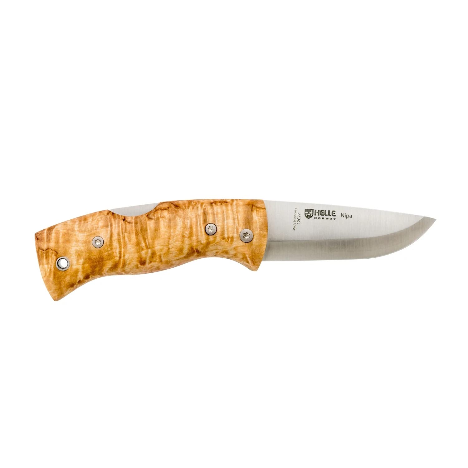 HELLE Knives - Nipa - Taschenmesser mit Clip - EDC Klappmesser mit Curly Birkenholz Griff, Scandi Grind