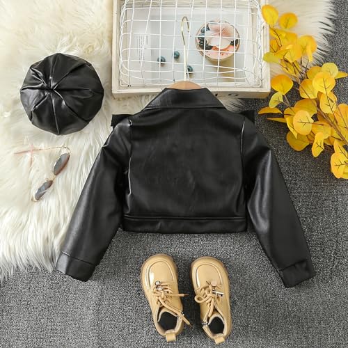 Toddler Girls Faux Leather Motorcycle Jacket Cute Ruffle Spring Fall PU Coat and Hat 2 to 7 Years Top Runaways Black2
