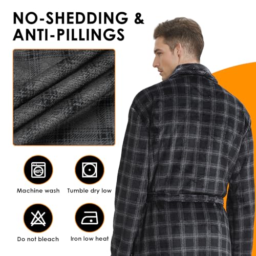 Men's Fleece Plush Bathrobe Full Length Big and Tall Shawl Collar Plaid Men Robe(Black&Grey, L/XL)4