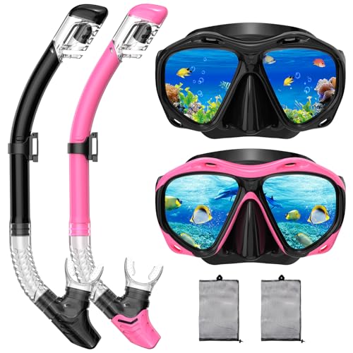 Snorkeling Gear for Adults, Dry Top Snorkel Mask Set, Diving Scuba Mask, Swimming Goggles with Nose Cover, HD Tempered Glass Panoramic Swim Freediving Anti-Leak Anti-Fog Travel Packages