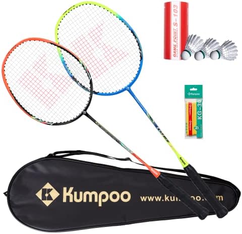 KUMPOO Badminton Racket Set of 2, 2 86g Lightweight Carbon Badminton Racket, 3 Shuttlecoks, 2 Grip and 1 Racket Cover Bag, for Family Party Trainning Backyard Game (KC-12)