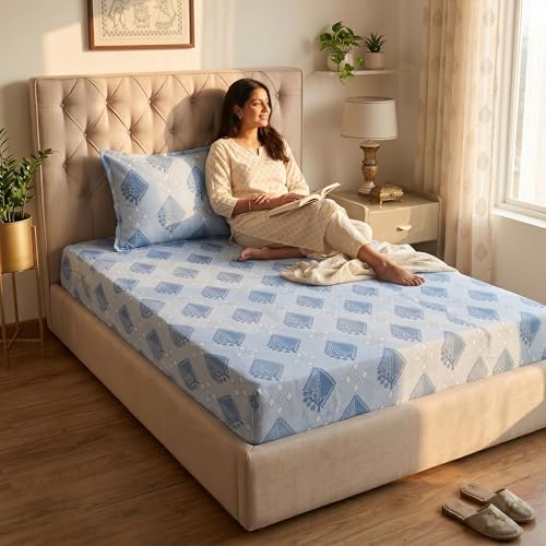 Image of Mafatlal 186 TC Grace Cotton Bedsheet for Single Bed | 154 x 228 cm | Soft, Durable & Breathable Fabric | Includes Pillow Cover