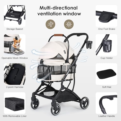 Beberoad Pets T3 Foldable Pet Stroller for Small Dogs & Cats – 3-in-1 Lightweight Design, 180° Canopy & Detachable Carrier (Beige)