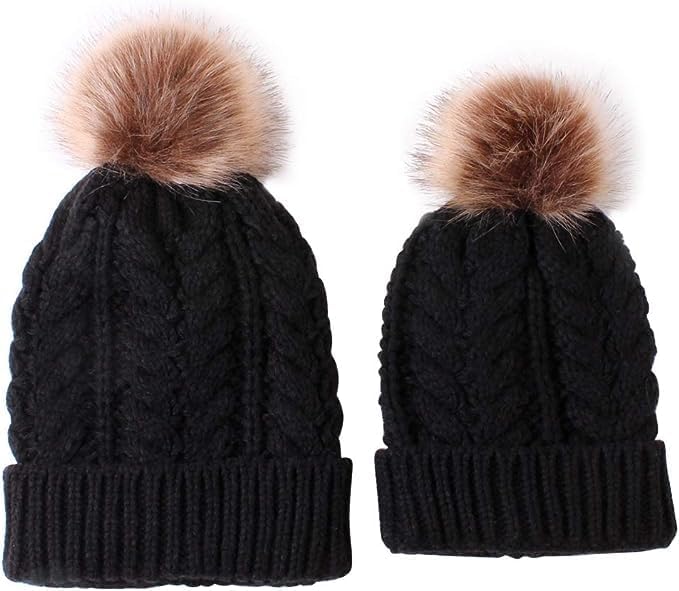 2PCS Parent-Child Hat, Mother & Baby Daughter/Son Winter Warm Knit Hat Family Crochet Beanie Cap with Pom Pom