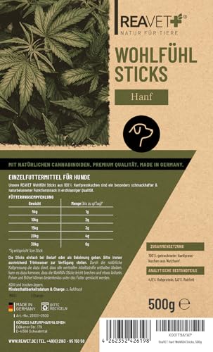ReaVET Hunde Leckerlis mit Hanf 500g, Wohlfühl Sticks - Natürliche Beruhigung & Entspannung bei Angst oder Stress - Hundeleckerlis, Hundekekse aus Hanfpresskuchen getreidefrei & naturbelassen