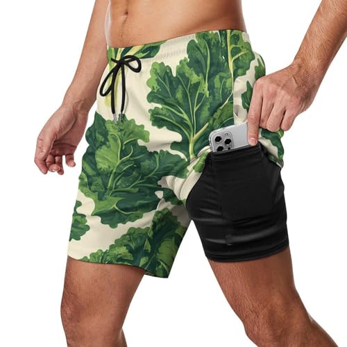Fresh Kale Leaves Men's Swim Trunks with Compression Liner Beach Shorts with Pockets Quick Dry2