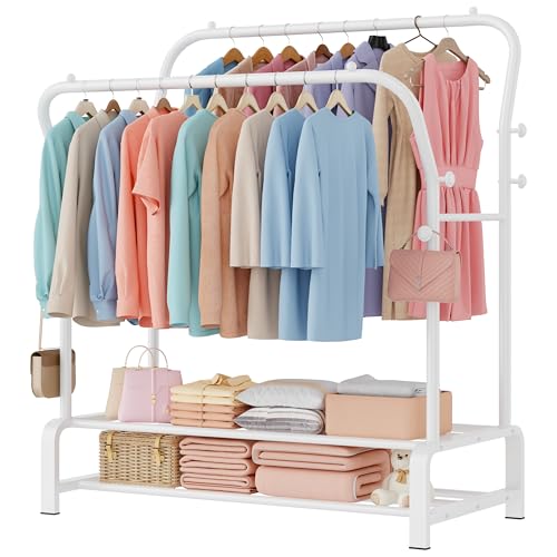 SMILOVII kleiderständer Stabil, Freistehender Doppelruten klamotten ständer mit 8 Haken und 2 Schuhregal metall, Multifunktional kleiderstange, Perfekte Jackenständer fürs Schlafzimmer – Weiß