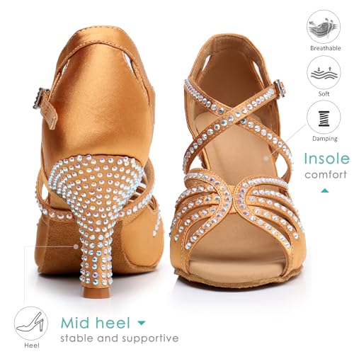 Ballroom Dance Shoes for Women – Salsa Latin Dancing Shoes, Professional 3 Inch Ladies Satin Rhinestone Dance Heels, 3＂Mid Heel Suede Sole4