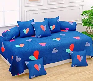 WELLNEST Microfibre Unique Patterns Diwan Set Covers 8 Pcs Set of 1 Bedsheet 2 Bolsters and 5 Cushion Covers - Blue Heart