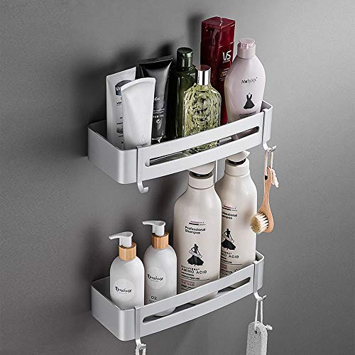 Jaysamay 2Piezas Pegamento Sin Necesidad de Taladrar Estante Ducha, Estantes de Baño de Aluminio Espacial Perforado Entramado de Baño Muebles de Baño