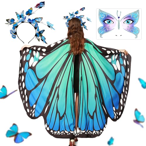 BOFUNX Disfarce borboleta mulher xaile de asas de borboleta capa de borboleta com diadema autocolantes de rosto acessórios para mulheres adulto disfarces borboleta para carnaval festa Halloween