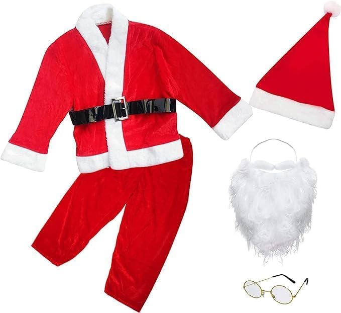 Carnavalife Disfraz de Papá Noel para Chico, Chaqueta con Cinturón Pantalón de Cintura Elástica Gorro de Navidad y Barba Gafas para Fiestas Navideñas y Cosplay de Papá Noel, 6pcs (10-12 años)