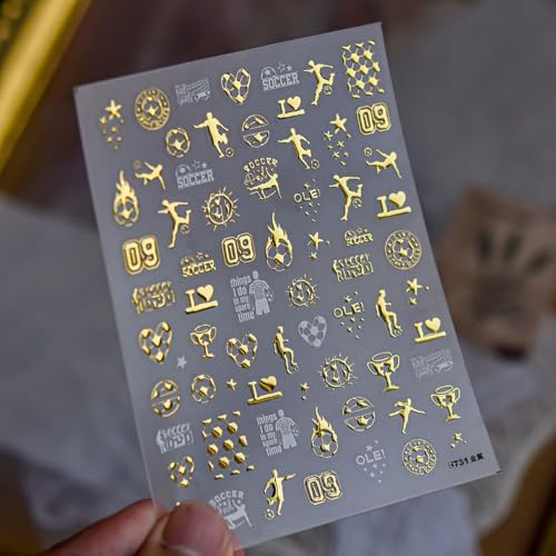 Image of Soccer Nail Stickers Football Nail Decals Gold Metallic Nails Charms 5D Self Adhesive Shiny Sports Nails Stickers Supply for Women DIY Manicure Decoration Accessories