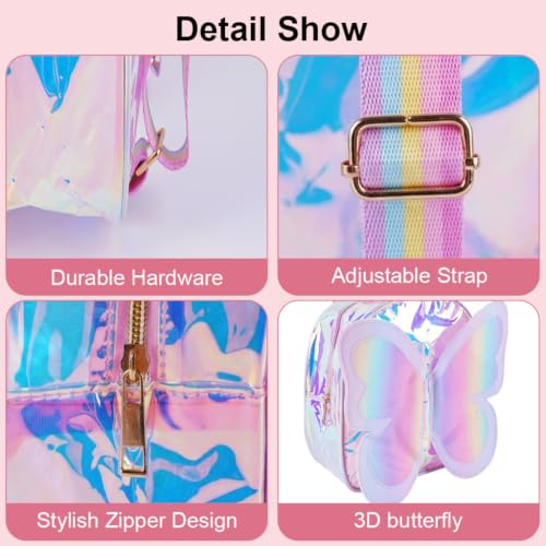 Image of PALAY Mini Butterfly Backpack with Iridescent Rainbow Finish, Holographic Butterfly Applique, Pastel Rainbow Straps Cute Small Zipper Backpack for Kids, Outings, Gifting, 23x28x10cm