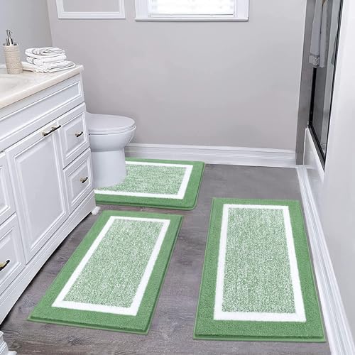Pauwer 3 Piece Bathroom Shower Rugs with U-Shaped Contour Toilet Mat, Absorbent Microfiber Plush Bath Mats, Non Slip, Machine Washable Shaggy Bathroom Floor Mats, Green