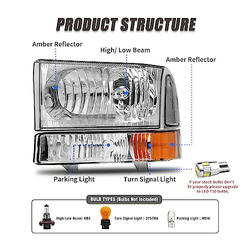 As Headlight Assembly For 1999 2000 2001 2002 2003 2004 Ford F250 F350 F450 F550/2000-2004 Ford Excursion Excursion With Chrome Housing Driver And Passenger Side #TOP1