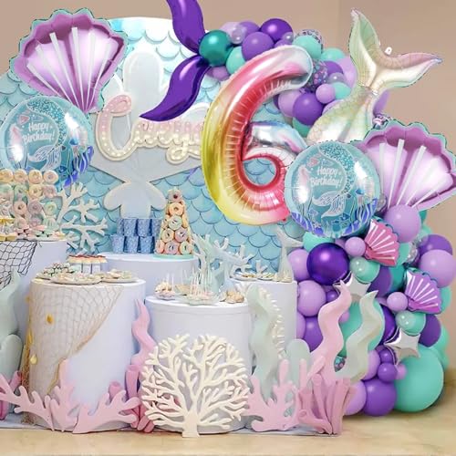 Image of Mermaid Birthday Decorations Mermaid Balloons - Number 6 Balloons for Girls Under The Sea Mermaid Theme Baby Shower Birthday Favors