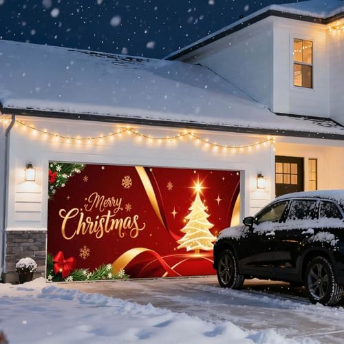 IVN Merry Christmas Garage Door Cover Decoration 13x6ft Golden Ribbon Tree on Red Holiday Christmas Banner Home Garage Door Front Yard Decor for Xmas Eve Winter Scene Holiday Outdoor Background by IVN - Used condition - Image 8
