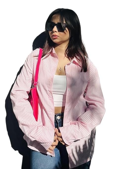Women's Pink Striped Cotton Shirt, Regular Fit, Office Formal Casual Wear-picture-29