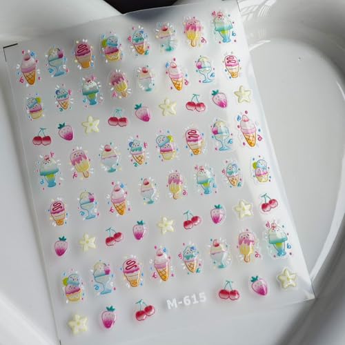 Image of Summer Nail Art Stickers Cherry Ice Cream Nail Decals for Nail Art Self Adhesive 5D Embossed Nails Sticker Charm Supply for Women Girls Kid Manicure DIY Accessories