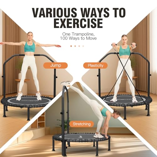 Image of ANCHEER 40 inch /48 inch Foldable Mini Trampoline,Max Load 450lbs /550lbs Indoor Trampoline,with 4 Level Adjustable Foam Handle and Resistance Bands,Adult Exercise Trampoline for Home, Garden, and Gym