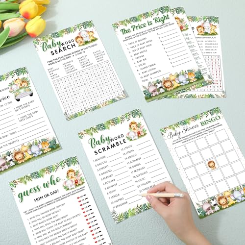 Image of Jetec 302 Pcs Safari Animal Theme Baby Shower Games, 6 Games, 50 Sheets Each, Shower Party, Word Scramble, Baby Word Search, Predictions and Advice, The Price is Right