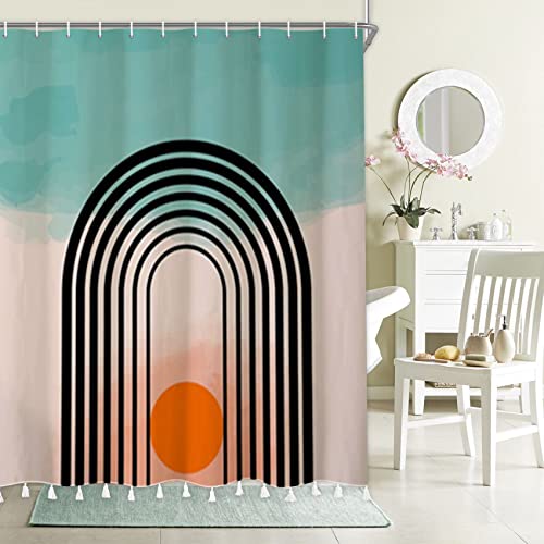 Bovlleetd Arched Sunset Shower Curtain with Tassel Mid Century Abstract Shower Curtain 12 Hooks Bathtub Decoration Blue and Beige Bathroom Curtain with Tassel Set Washable Bath Curtain 60x72inch - Image 4