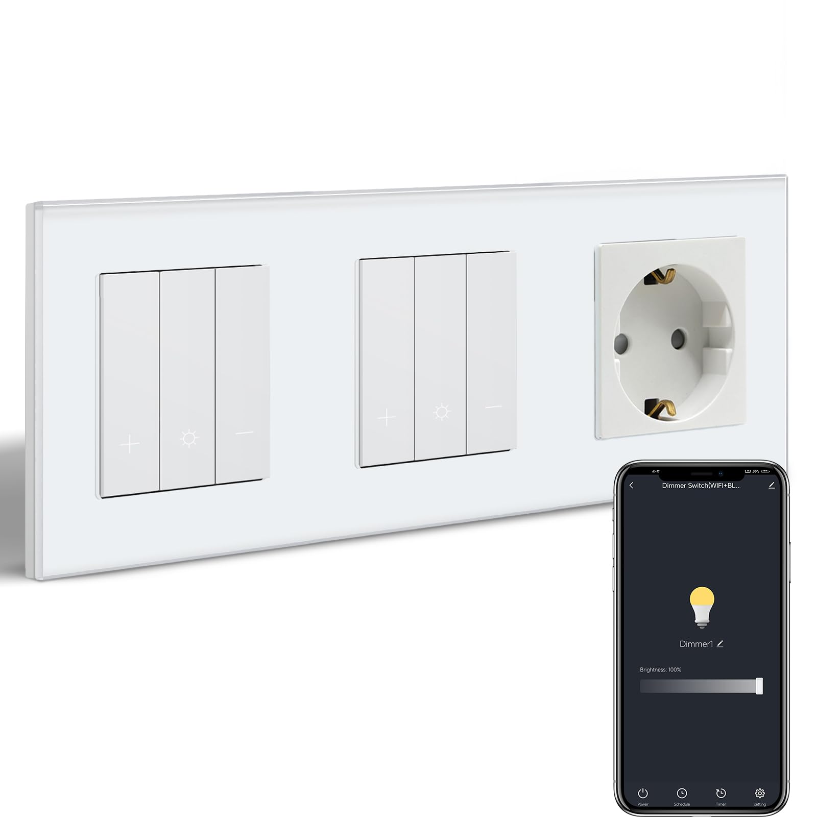 Interruttore dimmer intelligente WIFI con presa Schuko, presa normale, 1 interruttore dimmer, 2, compatibile con Alexa/Google Home, interruttore dimmerabile, bianco (neutro richiesto)