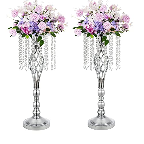 LANLONG 2pcs Silver Metal Flower Vases Crystal Flower Stand Wedding Centerpieces for Tables Party Dinner Event Restaurant Hotel Decoration