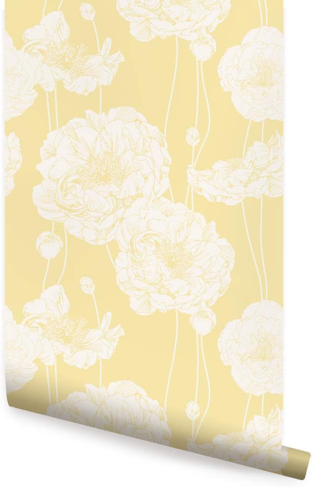 Peony Wallpaper Peel and Stick (Peony Wallpaper-Light Yellow-2 ft x 9 ft -Single)
