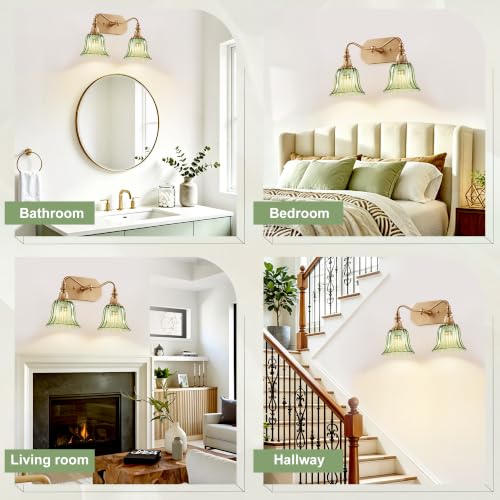 Image of LmnLvn Vintage Gold Bathroom Vanity Light, 2-Light Green Crystal Glass Shade