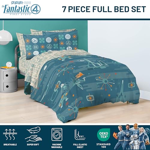 Image of Marvel Fantastic Four Full Size Comforter Set 7 Piece Bedding, Blue | Superhero, Bed in a Bag, Comforter Sheets Shams Pillowcases, Official Product, Soft Microfiber, Machine Washable, Kids Gift