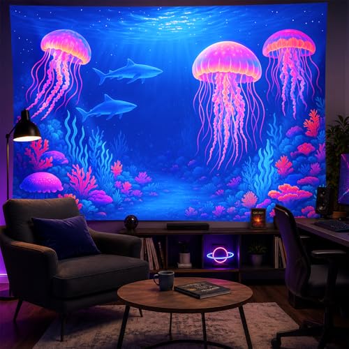 Image of BlissYard Neon Jellyfish Sharks Black Light Tapestry UV Reactive Underwater Ocean Wall Hanging for Living Room Bedroom Dorm Room Bar Party Cool Decor 78x59 Inch